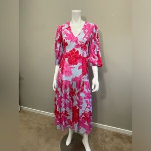 VINEYARD VINES Pink Floral Midi DressV-Neck Tiered Dress Size 6 Kentucky Derby
